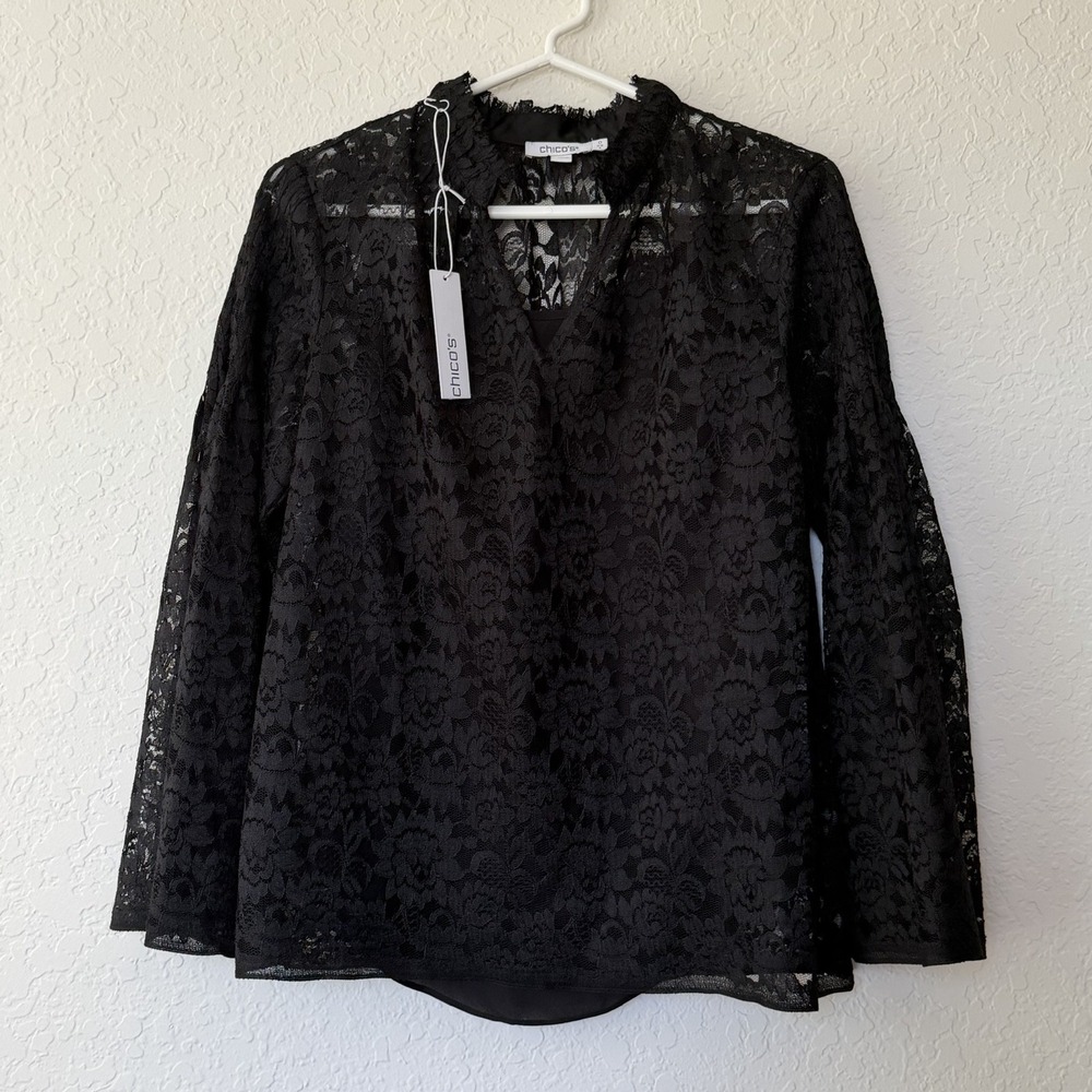 NEW Chico's Black Lace Top Statement Size 0 (US 4) NWT Romantic Bell Sleeves